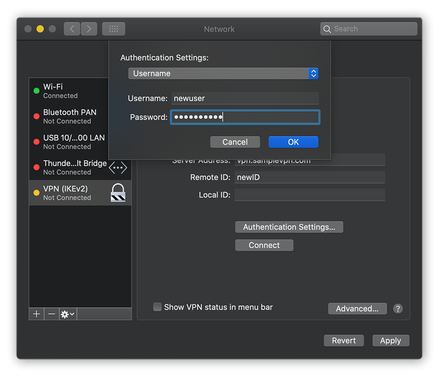 Entering the username and password for a new VPN in the Network settings of macOS Catalina